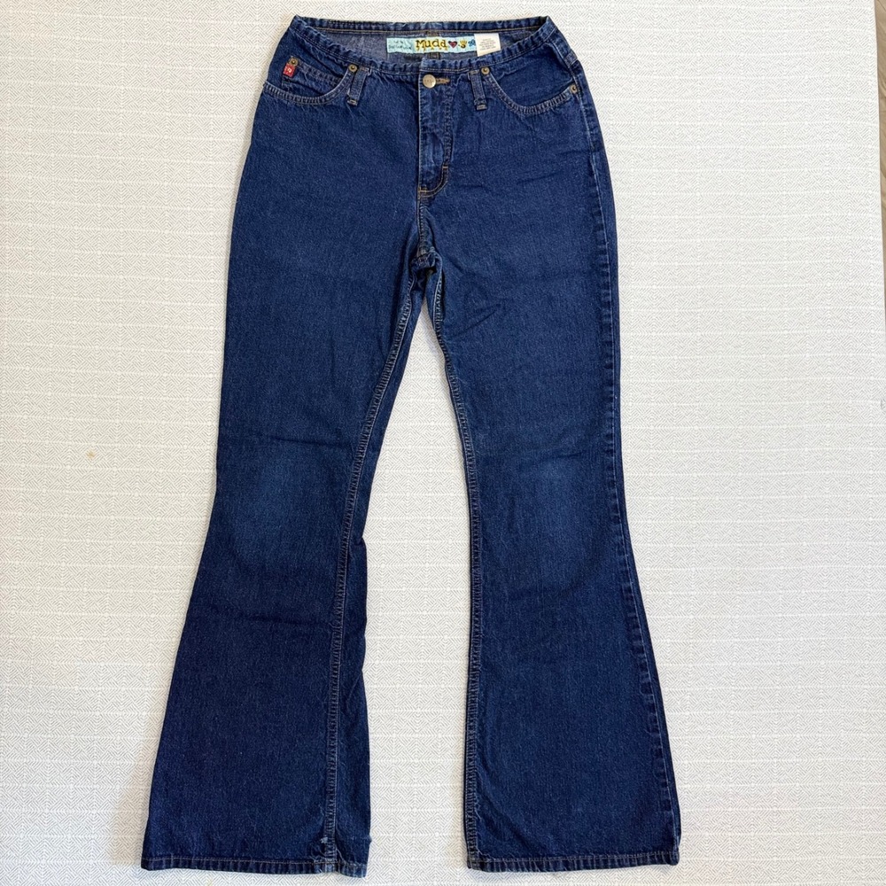 Vintage Mudd Jeans Womens 7 Dark Wash Flare Leg Y2K Denim 4AA216 Distressed Hem